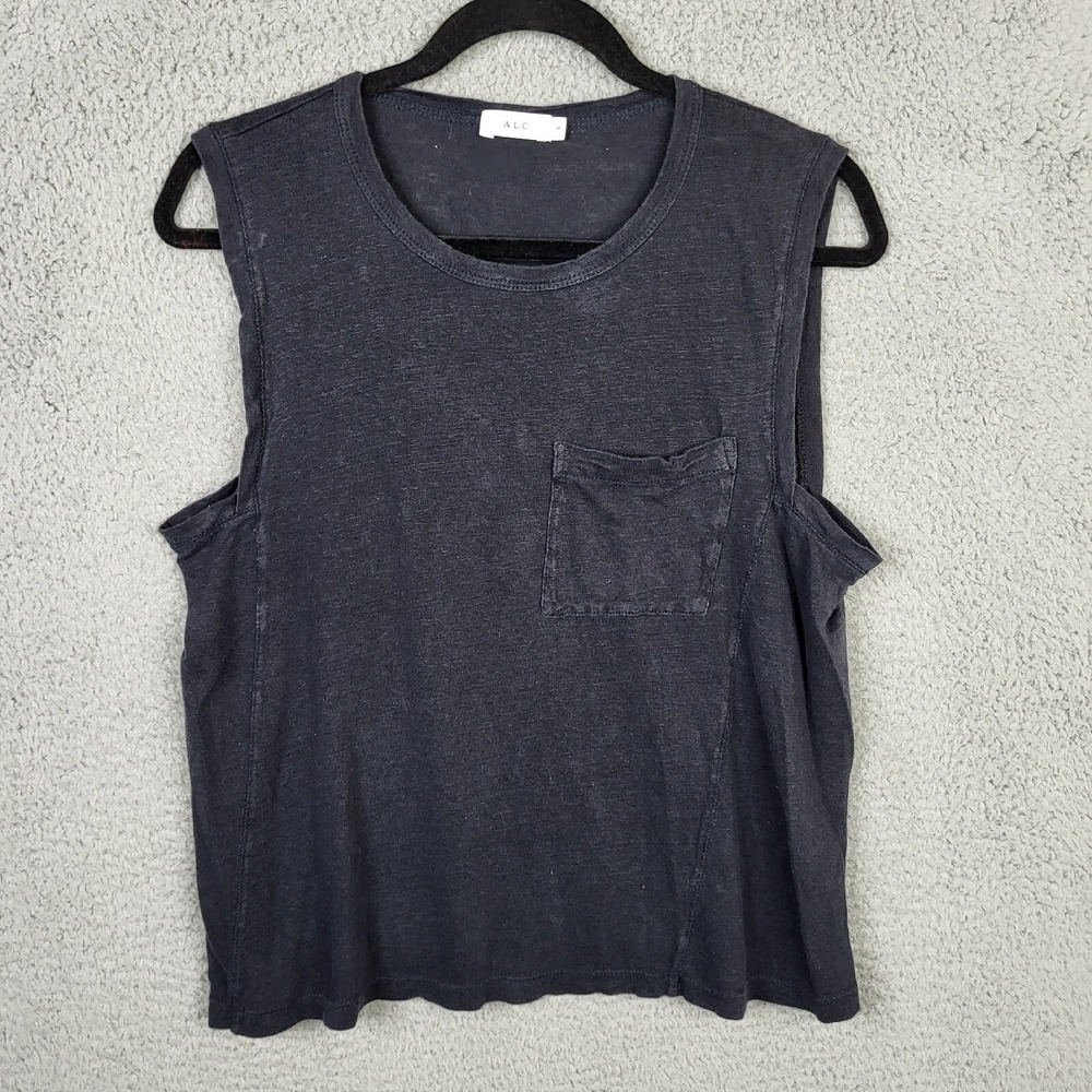 A.L.C Women's Black 100% Linen pocket Front Tank Top Size M